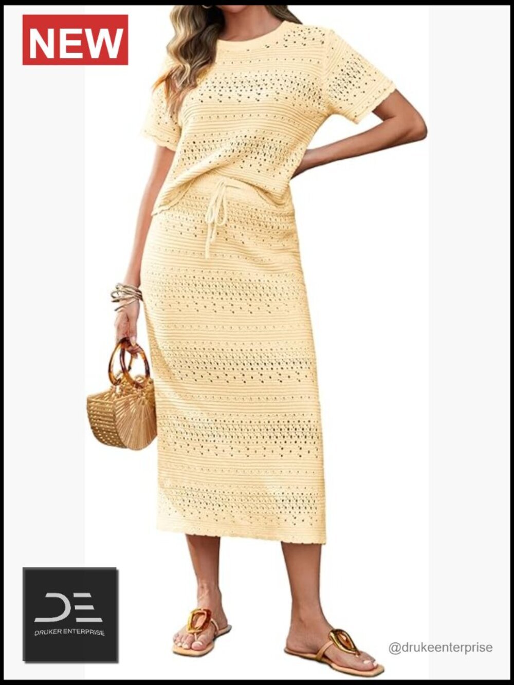 Women's Crochet 2 Piece Skirt Set Short Sleeve Knit Top Midi Skirt Vacation